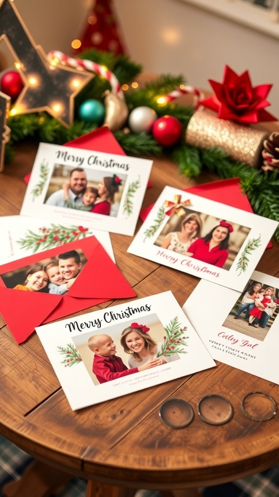 A collection of DIY photo Christmas cards with family pictures and festive decorations on a wooden table.